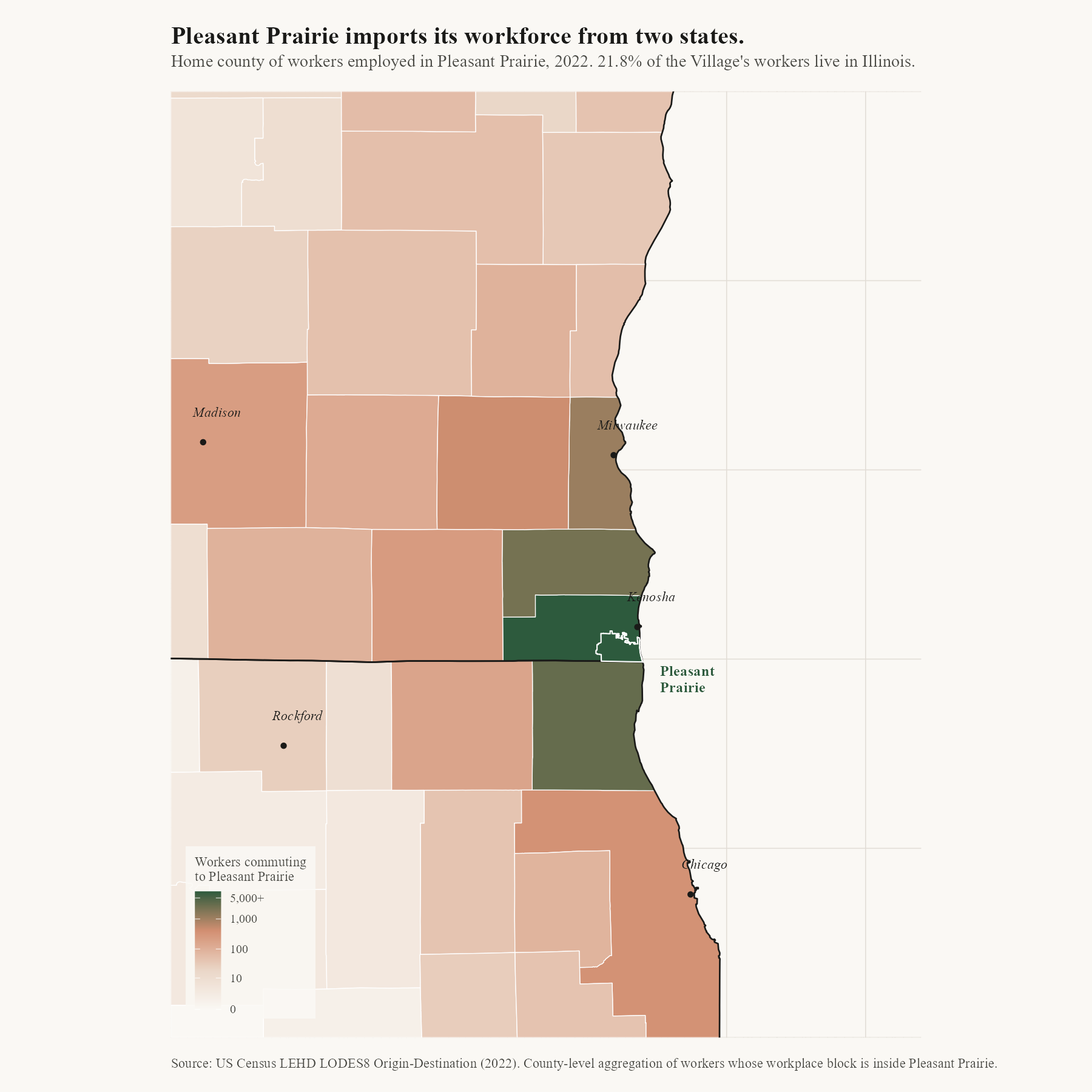 Choropleth map showing home county of workers employed in Pleasant Prairie